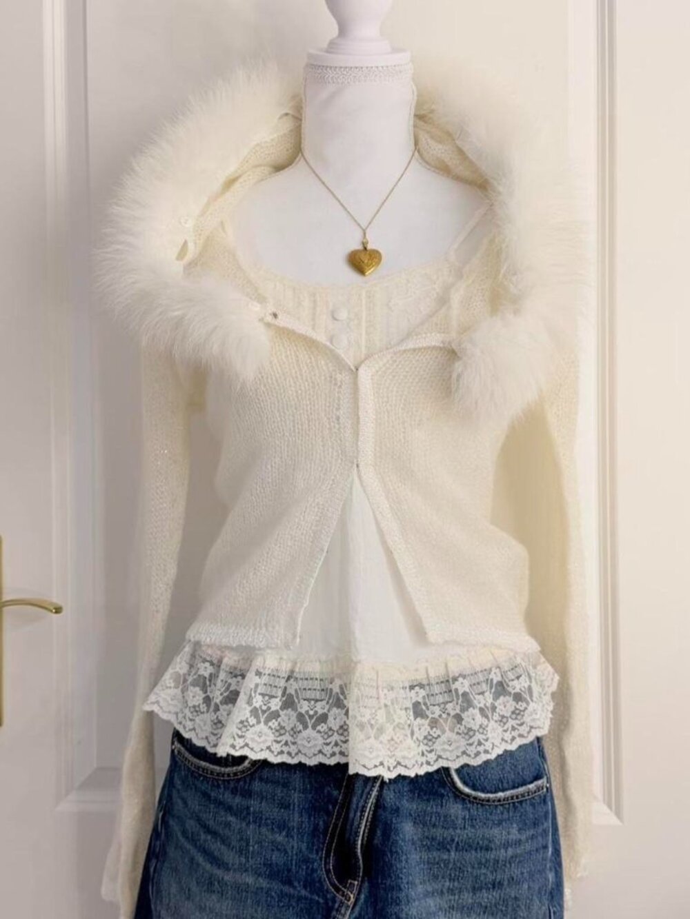 Cream Fuzzy Fur Trim Hooded Cardigan | Coquette Winter Layering